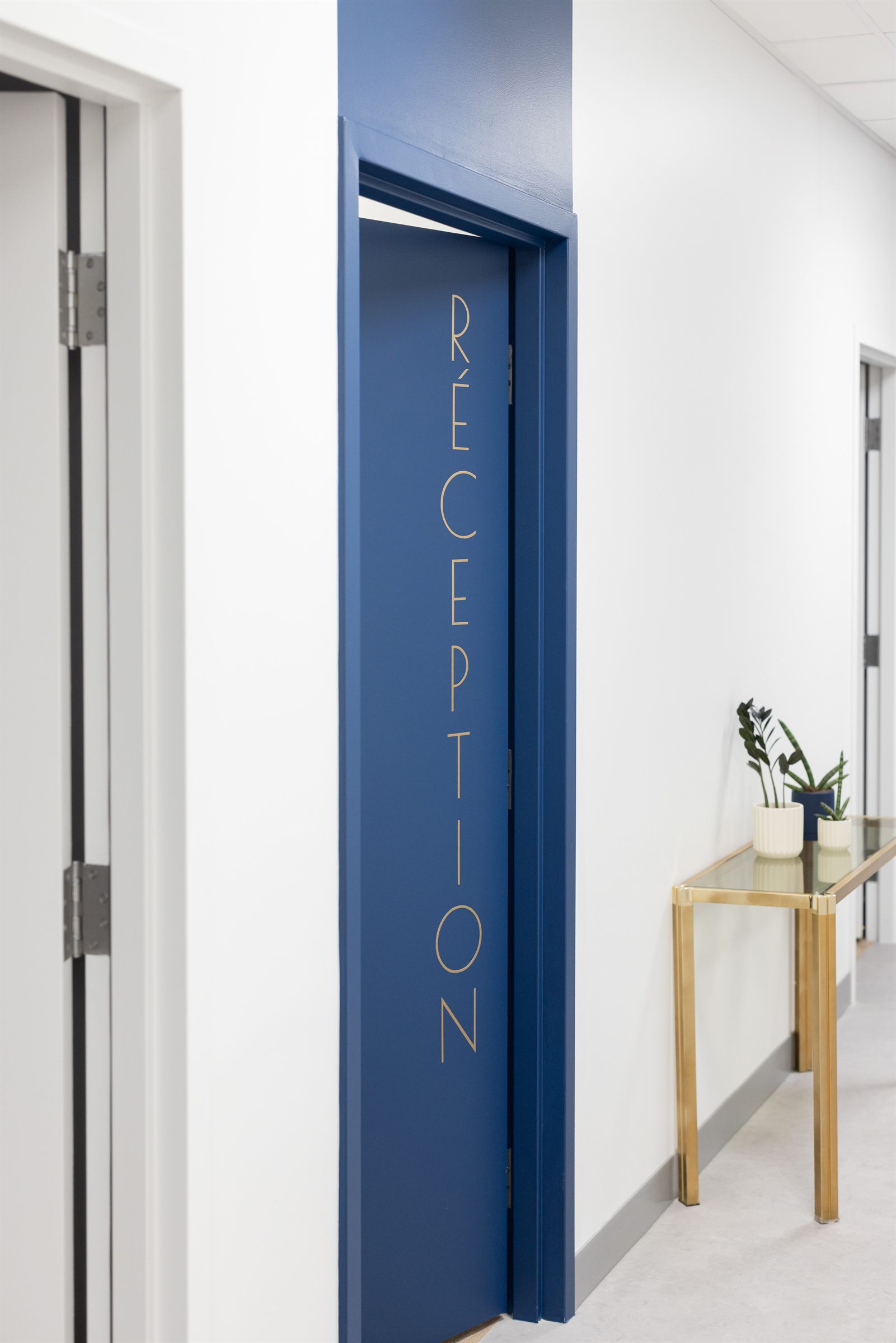 Porte bleu marine et lettrage vertical « Réception » de la clinique dentaire à Lebourgneuf